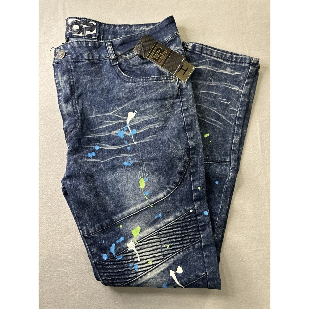 LR Scoop Moto Biker Jeans Mens 38x32 Distressed Paint Splatter Ribbed NWT